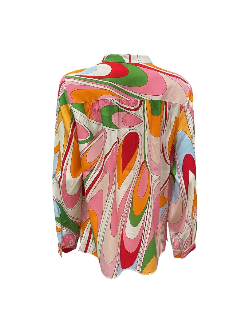 Bluse-Herzens-Seide-Multi-bunter-Print-Knöpfe-sommerlich-langarm-set