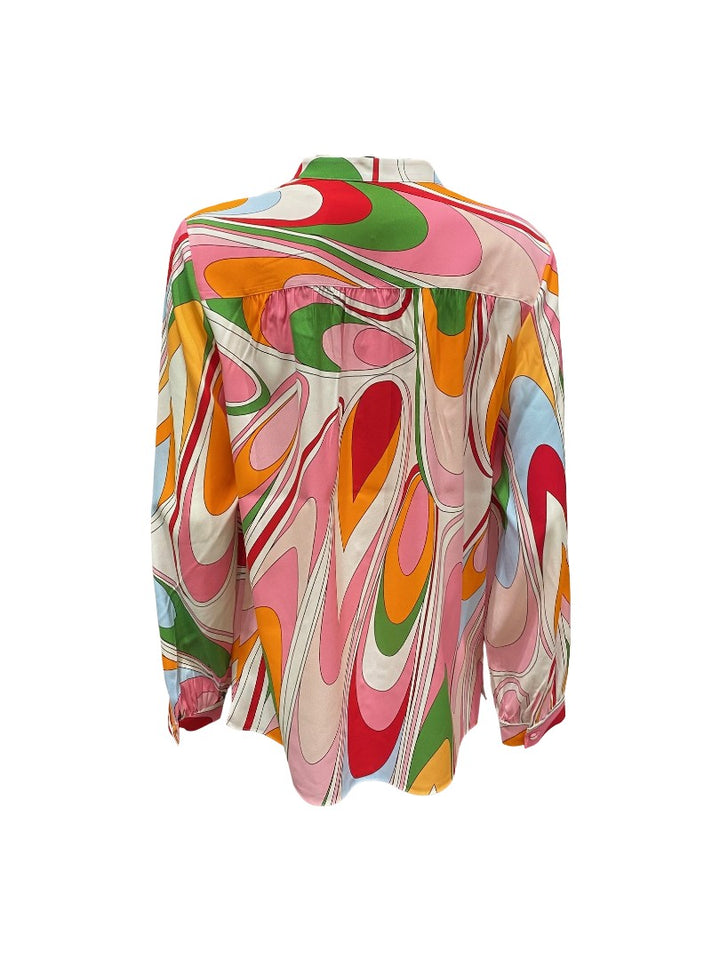Bluse-Herzens-Seide-Multi-bunter-Print-Knöpfe-sommerlich-langarm-set