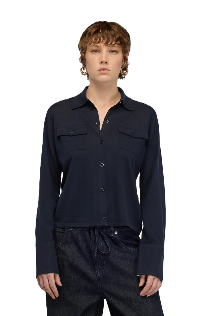 CARDIGAN-Semicouture-NETA-dunkelblau-Knoepfe-Kragen-Brusttaschen 