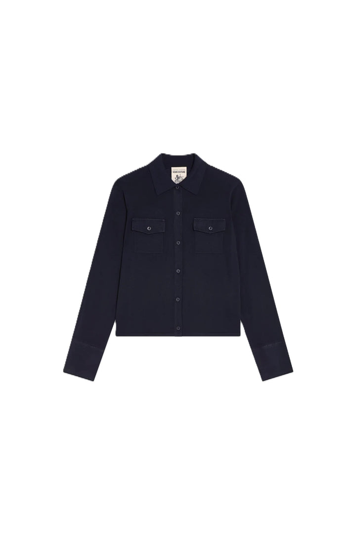 CARDIGAN-Semicouture-NETA-dunkelblau-Knoepfe-Kragen-Brusttaschen 