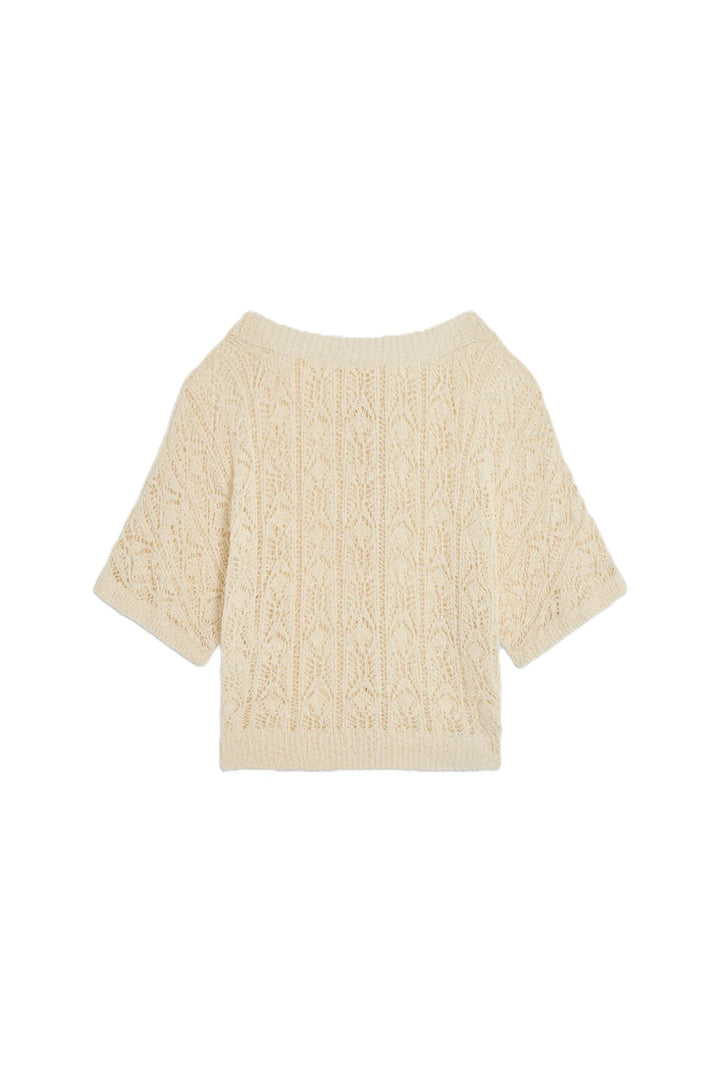 Pullover-Semicouture-MAGLIA ALEJANDRA-Häkeloptik-Knoepfe hinten-halblanger Arm-Beige 