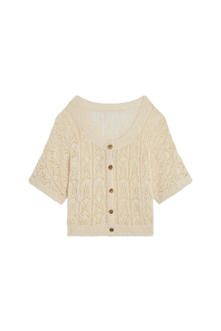 Pullover-Semicouture-MAGLIA ALEJANDRA-Häkeloptik-Knoepfe hinten-halblanger Arm-Beige 