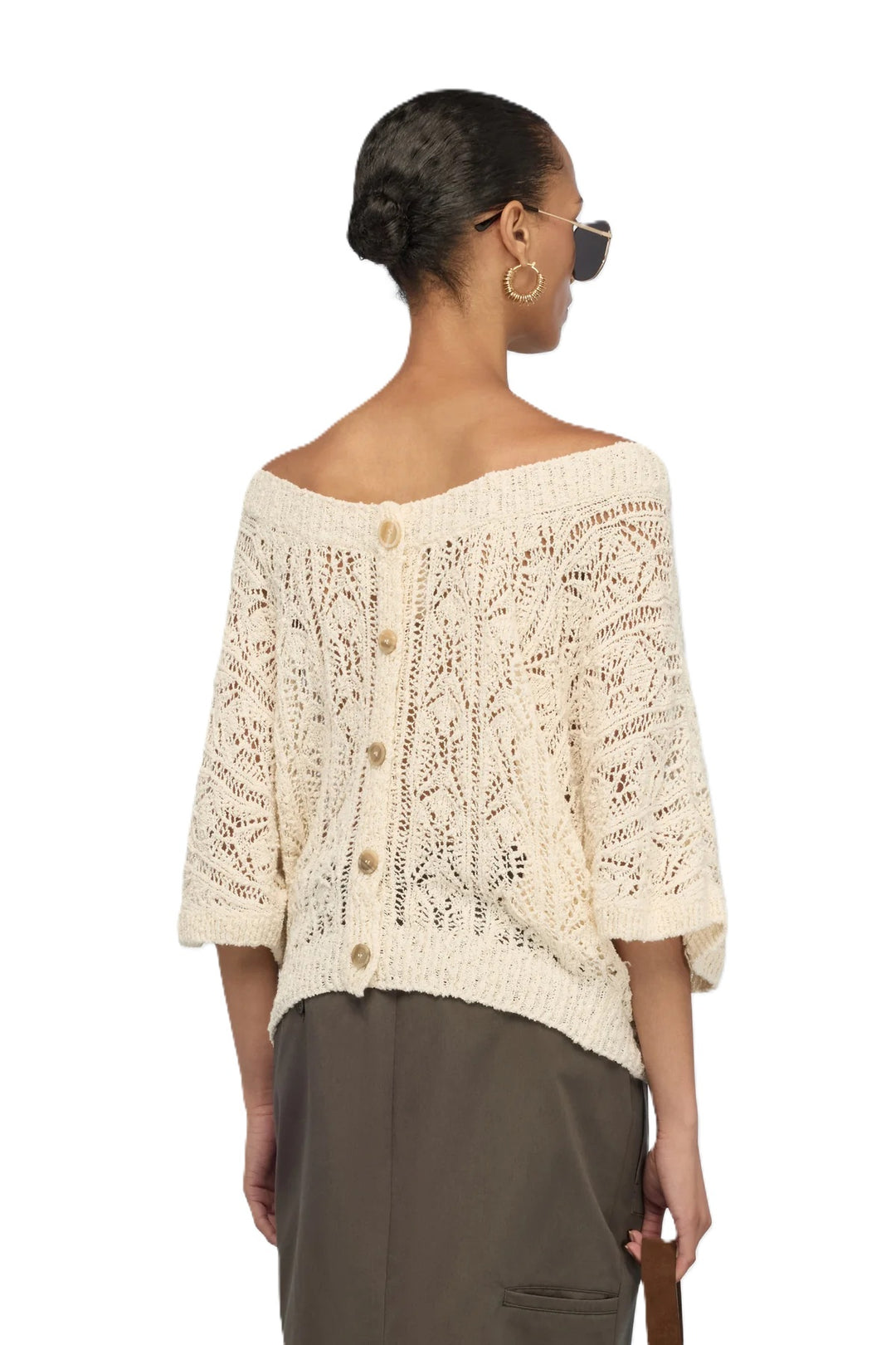 Pullover-Semicouture-MAGLIA ALEJANDRA-Häkeloptik-Knoepfe hinten-halblanger Arm-Beige 
