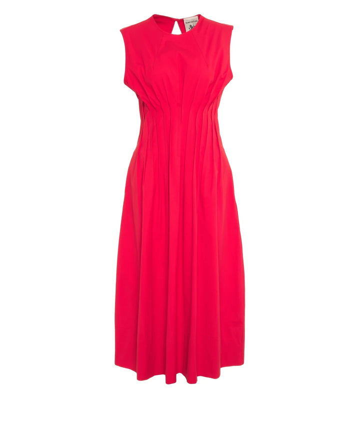 Kleid-Semicouture-ABITO MAYTE-Raffungen-Rundhals-Knoepfe hinten-mittellang-rot