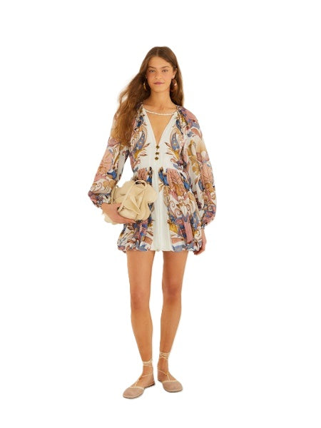 Kleid-Farm Rio-SEA GARDEN OFF-WHITE MINI BUBBLE DRESS-Ballonrock-Kordel-lange Aermel