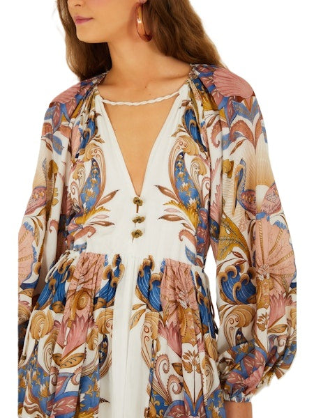 Kleid-Farm Rio-SEA GARDEN OFF-WHITE MINI BUBBLE DRESS-Ballonrock-Kordel-lange Aermel