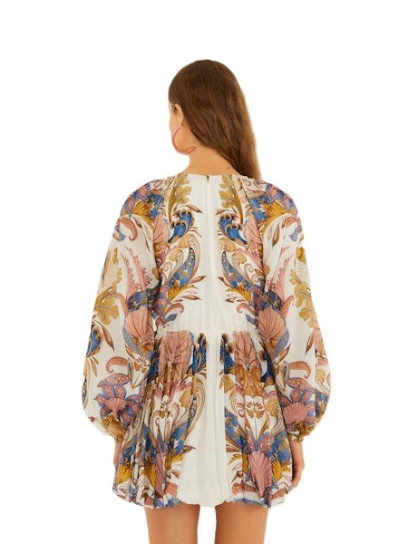 Kleid-Farm Rio-SEA GARDEN OFF-WHITE MINI BUBBLE DRESS-Ballonrock-Kordel-lange Aermel