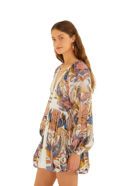 Kleid-Farm Rio-SEA GARDEN OFF-WHITE MINI BUBBLE DRESS-Ballonrock-Kordel-lange Aermel