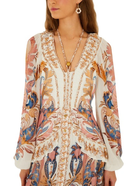 Kleid-Farm Rio-SEA GARDEN OFF-WHITE BRAID DETAILS-lang-Blumen-Ruesche-Zierbordueren