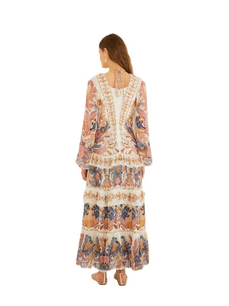 Kleid-Farm Rio-SEA GARDEN OFF-WHITE BRAID DETAILS-lang-Blumen-Ruesche-Zierbordueren