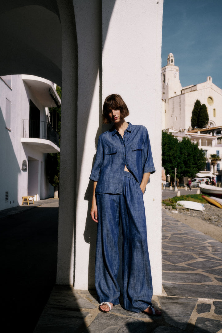 Hose-0039 Italy-Tamina-Hose-Denimoptik-Gummizug-weit-lang-Kragen