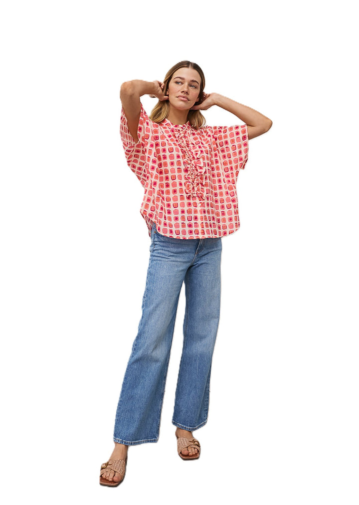 Bluse-0039 Italy-Daisy-geometrischer Print-Rueschen-weit-Ohne Kragen 