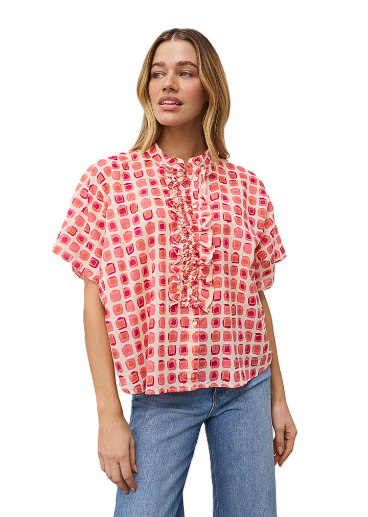 Bluse-0039 Italy-Daisy-geometrischer Print-Rueschen-weit-Ohne Kragen 
