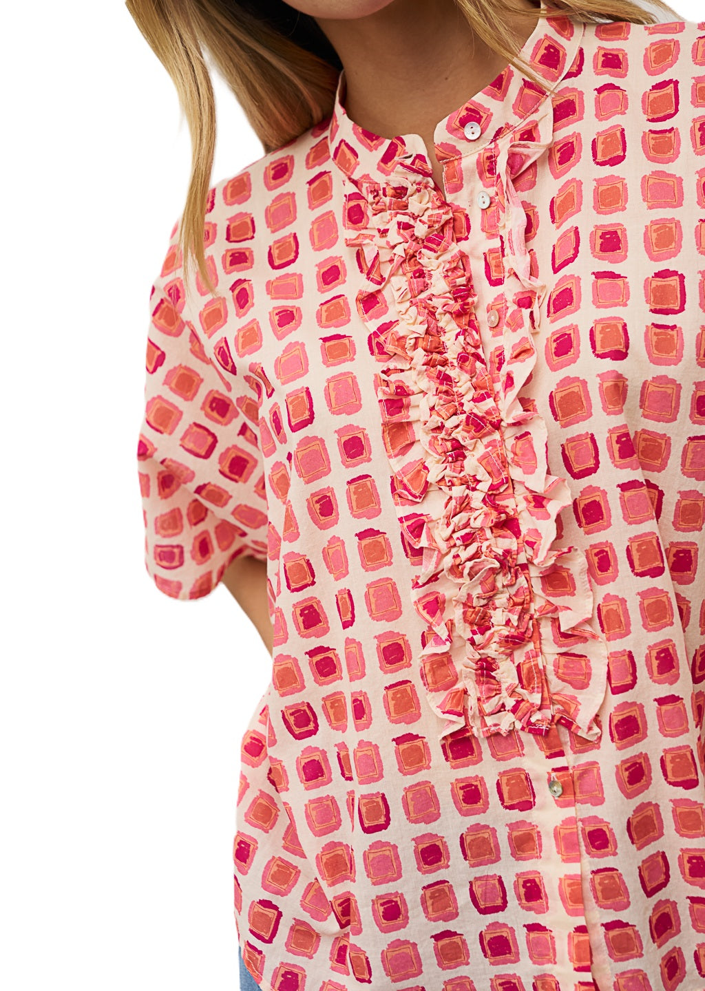 Bluse-0039 Italy-Daisy-geometrischer Print-Rueschen-weit-Ohne Kragen 