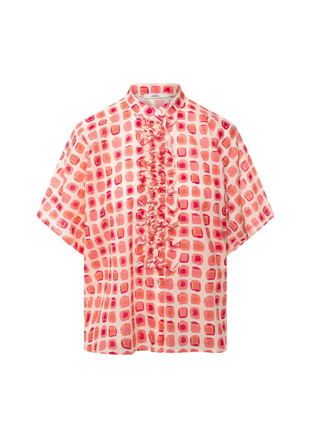 Bluse-0039 Italy-Daisy-geometrischer Print-Rueschen-weit-Ohne Kragen 