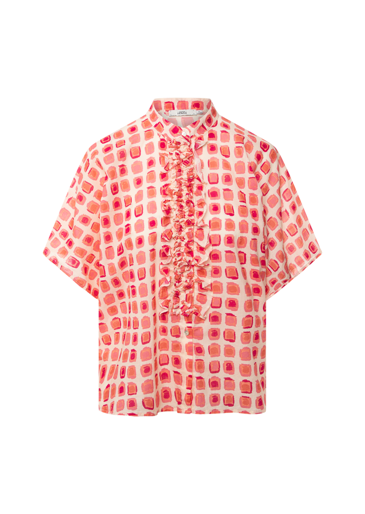 Bluse-0039 Italy-Daisy-geometrischer Print-Rueschen-weit-Ohne Kragen 