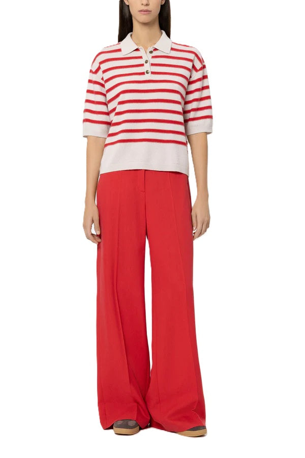 Pullover-Luisa Cerano-Ringel-Polo-aus Kaschmir-Mix-Rot-weiß-Zierknoepfe-halbarm