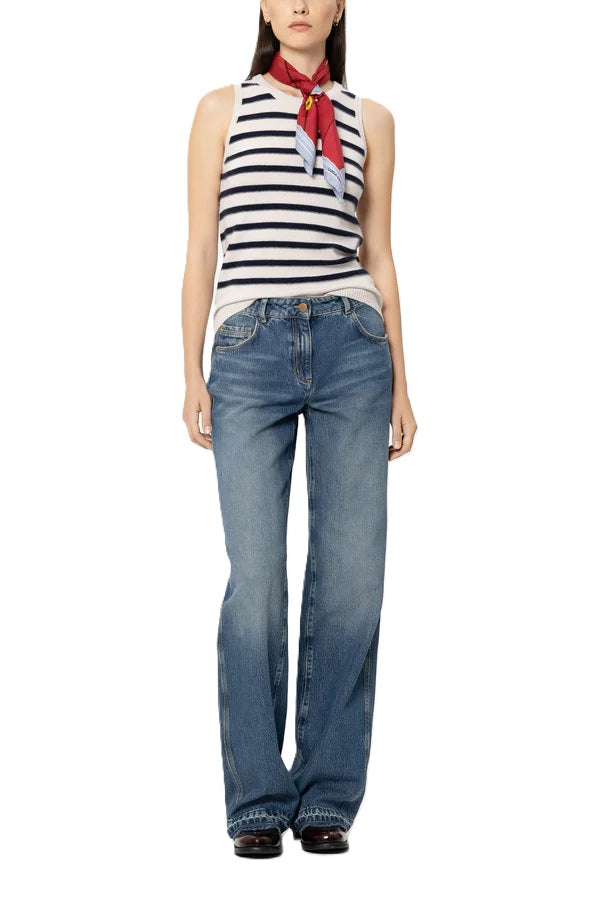 Top-Luisa Cerano-Ringel-Top aus Kaschmir-Mix-ohne Aermel-American Soulders-blau-weiß