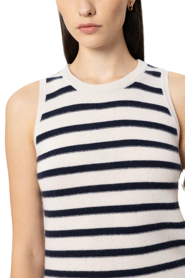 Top-Luisa Cerano-Ringel-Top aus Kaschmir-Mix-ohne Aermel-American Soulders-blau-weiß