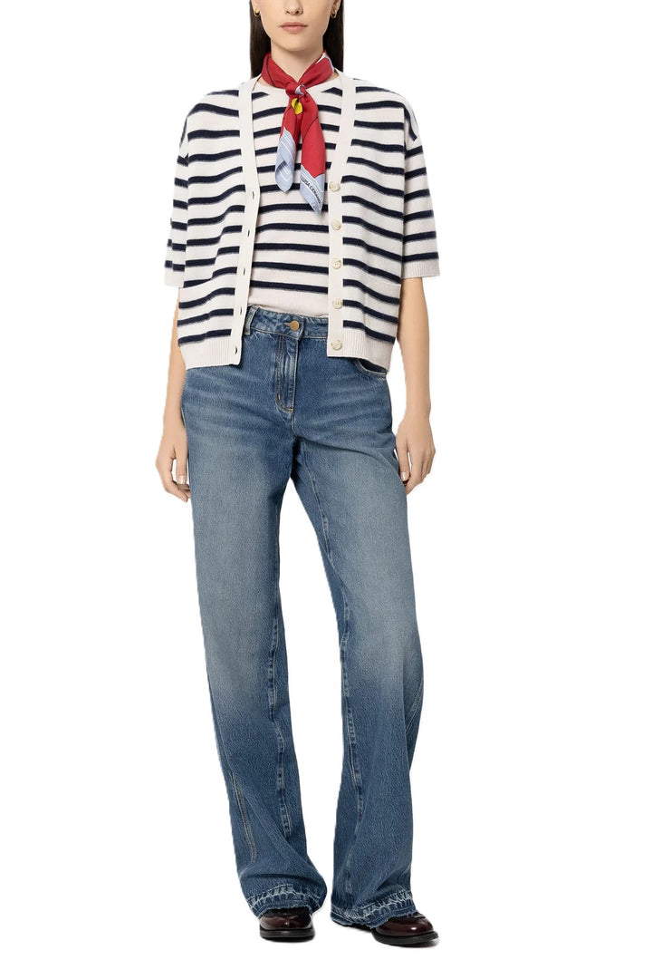 Cardigan-Luisa Cerano-Cardigan aus Kaschmir-Mix-Halbarm-Knoepfe-Streifen-blau-weiß