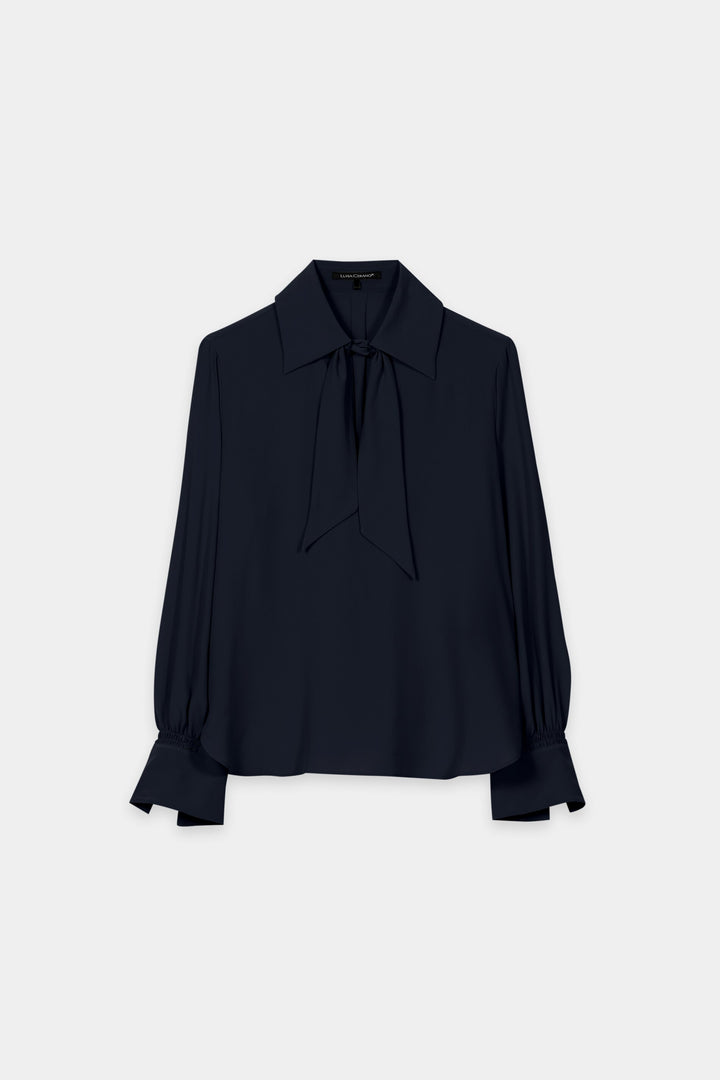 Bluse-Luisa Cerano-Seidenbluse-Schluppe-Schleife-Gummizug an Manschette-navy
