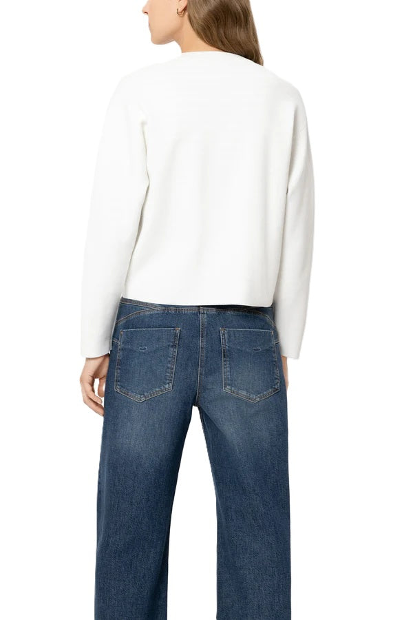 Strickjacke-Luisa Cerano-Feinstrick-Blouson-weiß-Zierknoepfe-Offen geschnitten-Taschen 