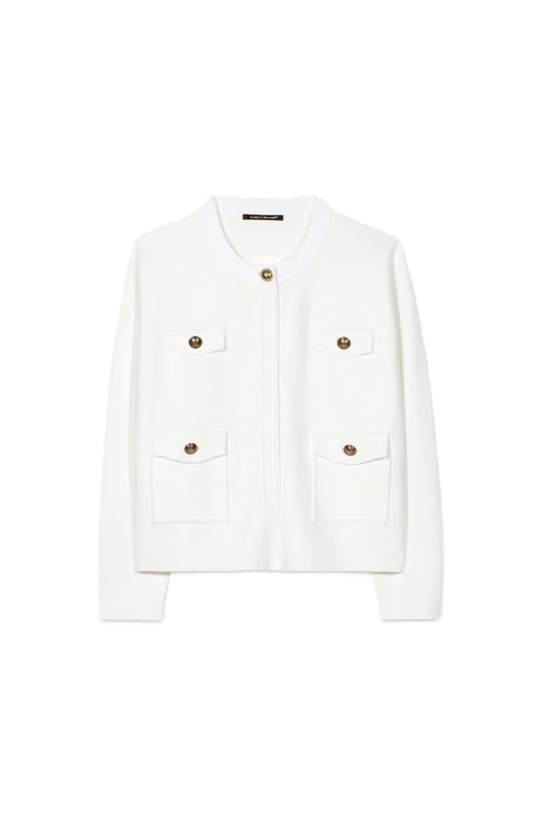 Strickjacke-Luisa Cerano-Feinstrick-Blouson-weiß-Zierknoepfe-Offen geschnitten-Taschen 