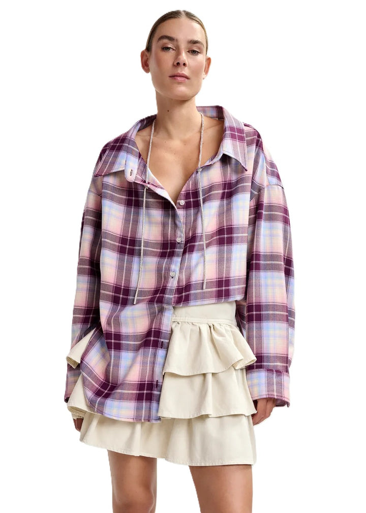 Bluse-Essentiel Antwerp-JANDREW RHINESTONE SHIRT-Karo-Steinchenkette-weit-lang-Kragen