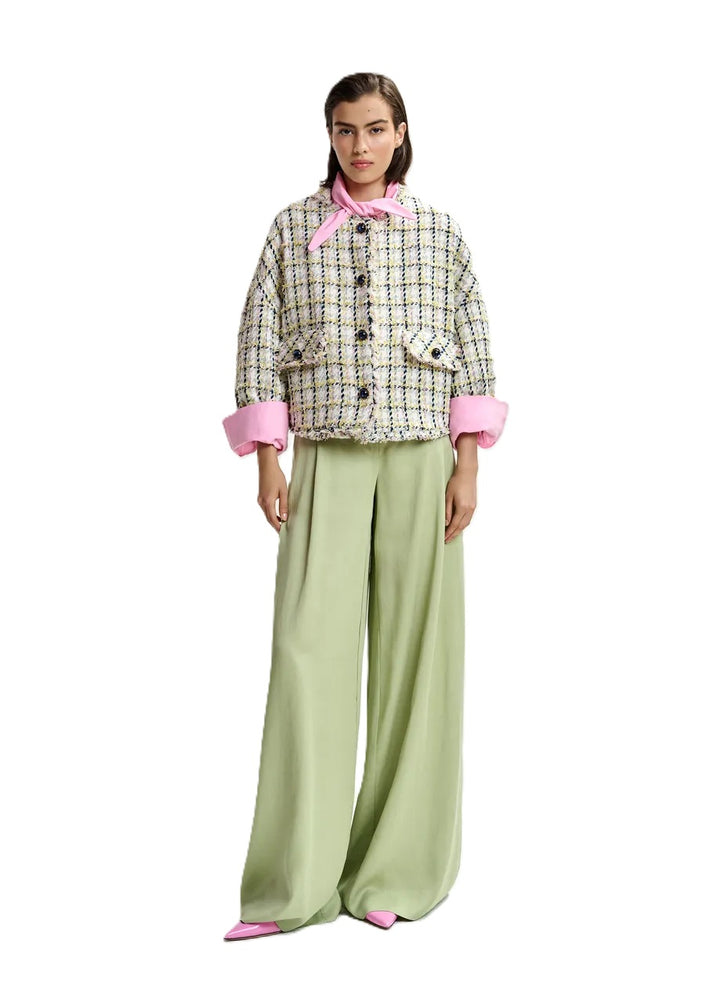 Jacke-Essentiel Antwerp-JAYDEN BOXY CROPPED JACKET-Boucléstoff-kurz-boxy-Zierknoepfe-Fransen-Karo