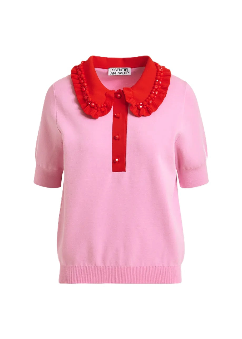 Shirt-Essentiel Antwerp-JEWELRY EMBROIDERED KNIT POLO-rosa-Rueschen-Perlen-Halbarm