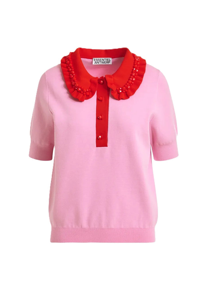 Shirt-Essentiel Antwerp-JEWELRY EMBROIDERED KNIT POLO-rosa-Rueschen-Perlen-Halbarm