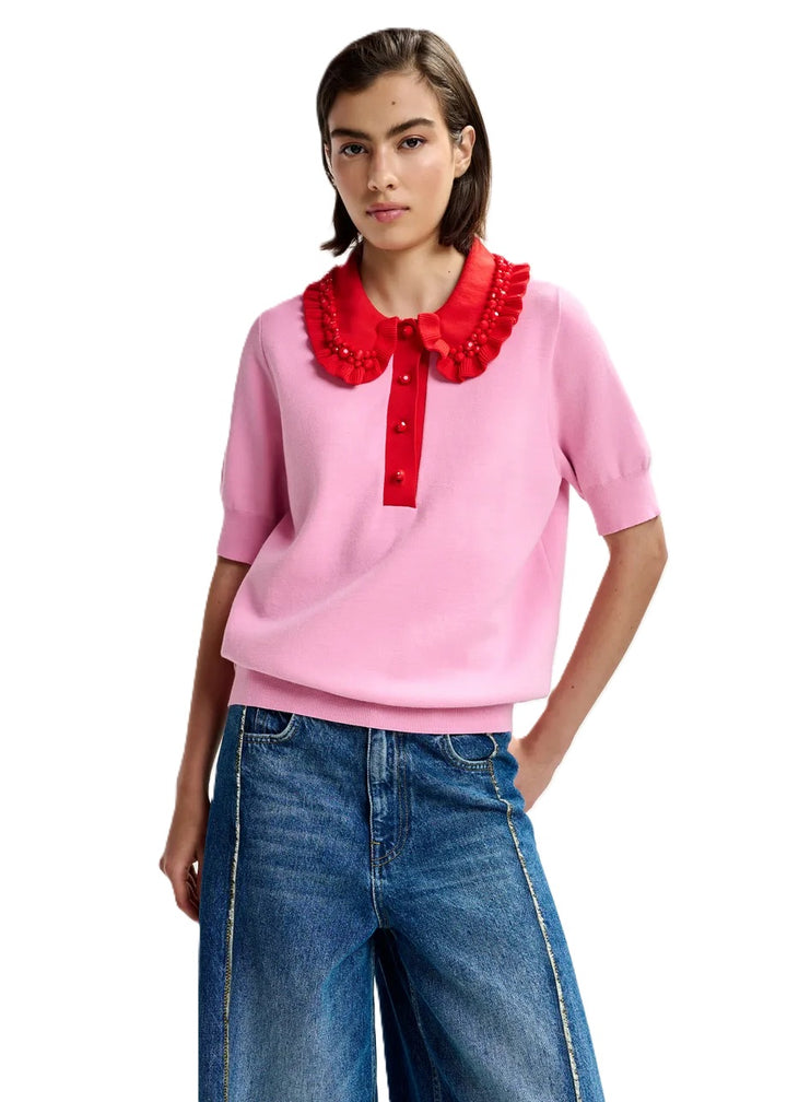 Shirt-Essentiel Antwerp-JEWELRY EMBROIDERED KNIT POLO-rosa-Rueschen-Perlen-Halbarm