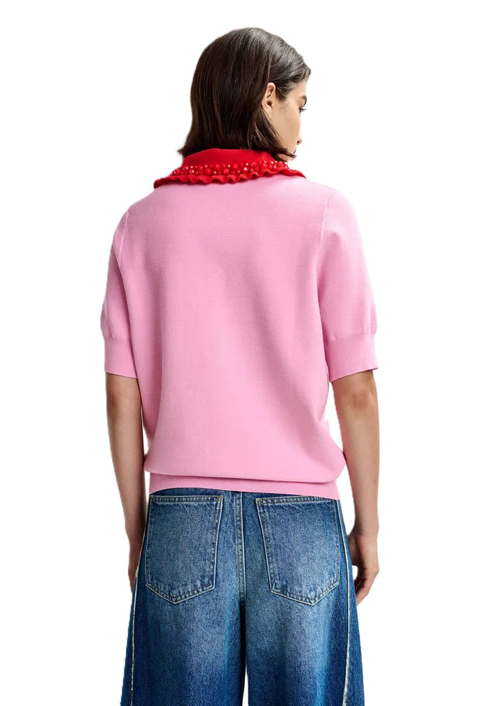 Shirt-Essentiel Antwerp-JEWELRY EMBROIDERED KNIT POLO-rosa-Rueschen-Perlen-Halbarm