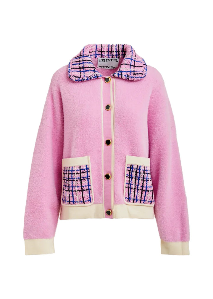 Jacke-Essentiel Antwerp-JOILU KNITTED JACKET-Teddystoff-Zierknoepfe-Kragen in Tweed-Boxy