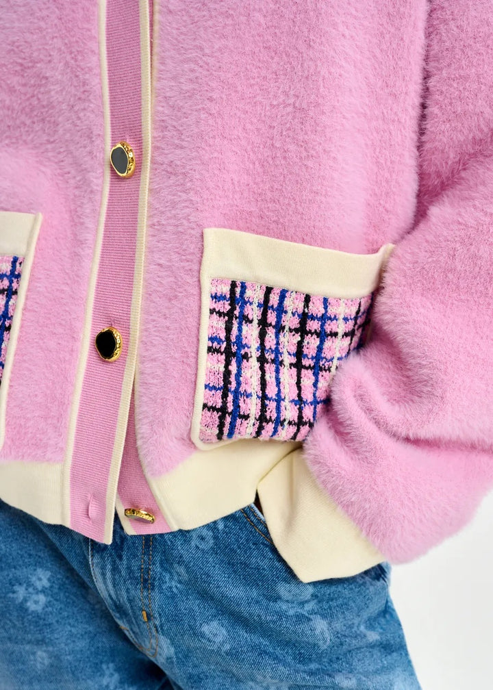 Jacke-Essentiel Antwerp-JOILU KNITTED JACKET-Teddystoff-Zierknoepfe-Kragen in Tweed-Boxy