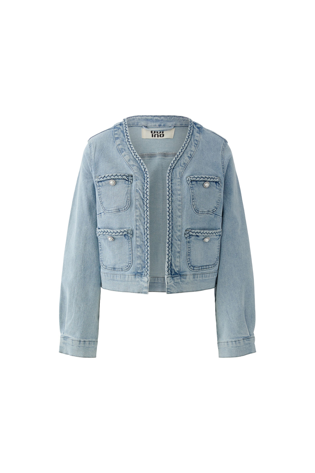 Jeansjacke-Oui-Vier-Taschen-Geflochtene-Deteils-cropped-Jeans-blau