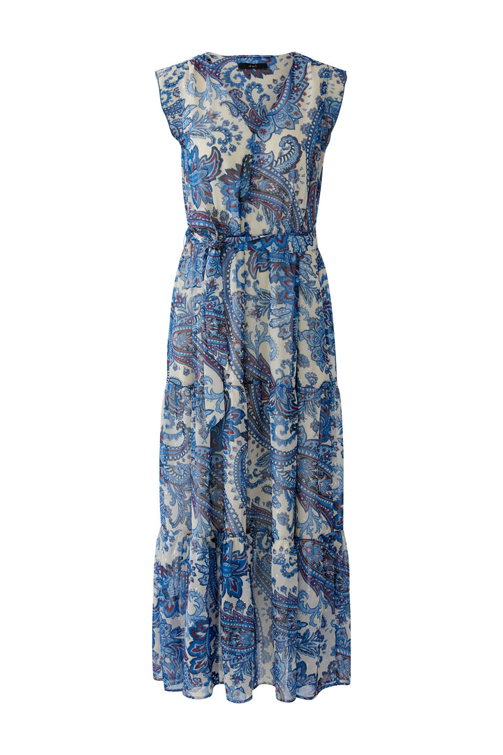 Kleid-Oui-Lang-Kurze-Schmetterlingsärmel-Bindeband an Taille-Sommer-Blumen-Muster-Blau-weiß