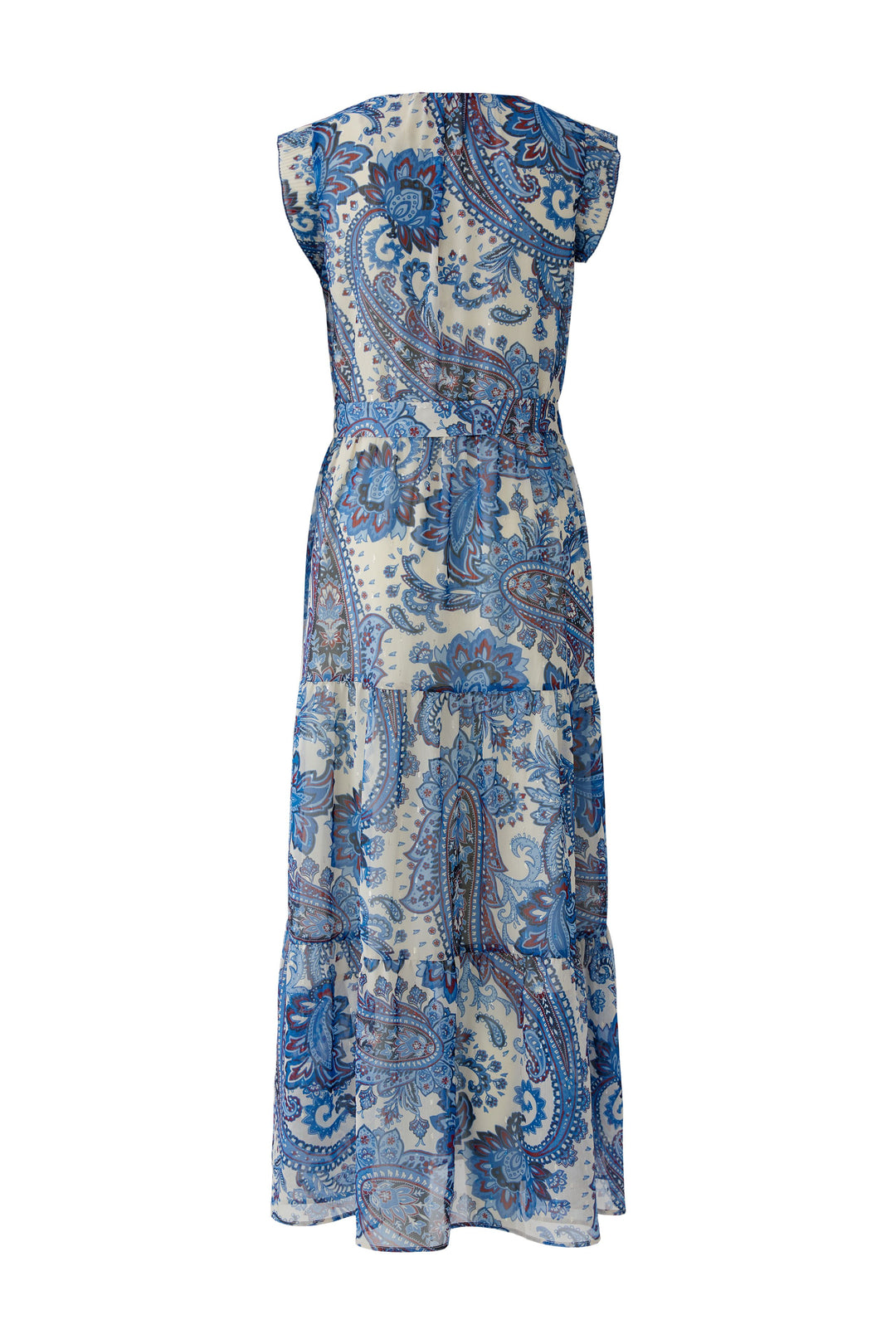 Kleid-Oui-Lang-Kurze-Schmetterlingsärmel-Bindeband an Taille-Sommer-Blumen-Muster-Blau-weiß