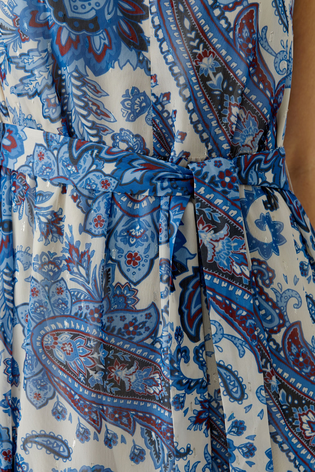Kleid-Oui-Lang-Kurze-Schmetterlingsärmel-Bindeband an Taille-Sommer-Blumen-Muster-Blau-weiß