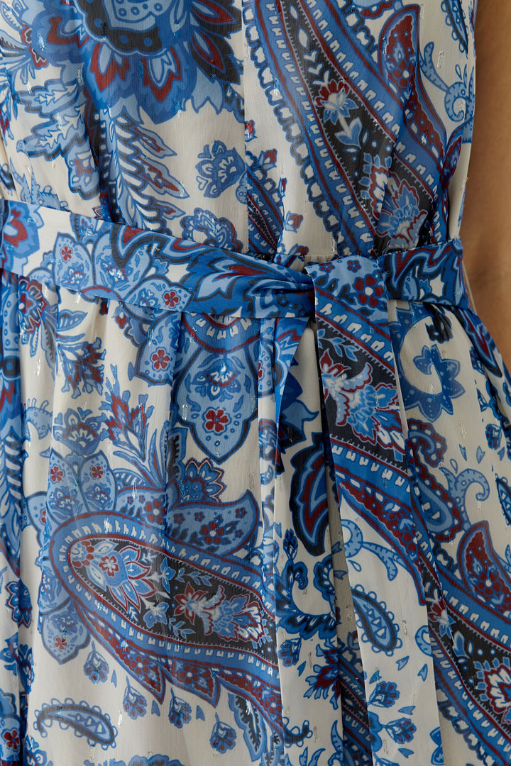 Kleid-Oui-Lang-Kurze-Schmetterlingsärmel-Bindeband an Taille-Sommer-Blumen-Muster-Blau-weiß