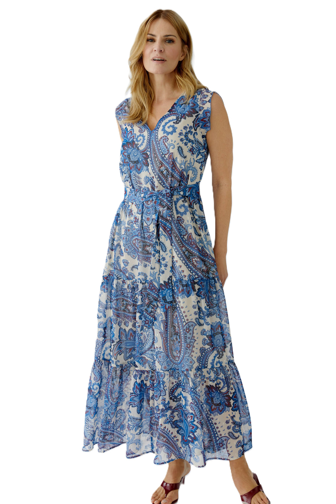 Kleid-Oui-Lang-Kurze-Schmetterlingsärmel-Bindeband an Taille-Sommer-Blumen-Muster-Blau-weiß