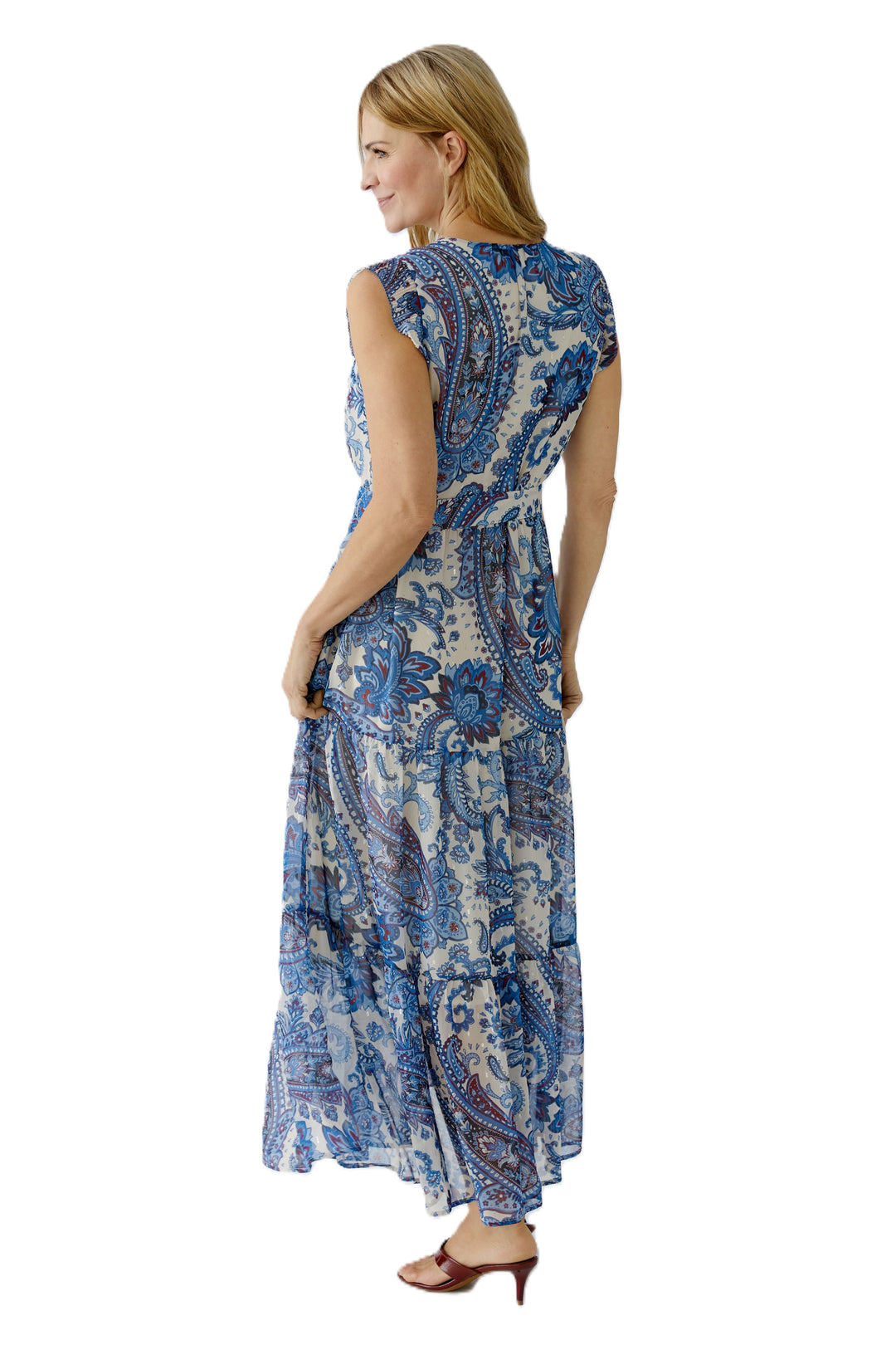 Kleid-Oui-Lang-Kurze-Schmetterlingsärmel-Bindeband an Taille-Sommer-Blumen-Muster-Blau-weiß