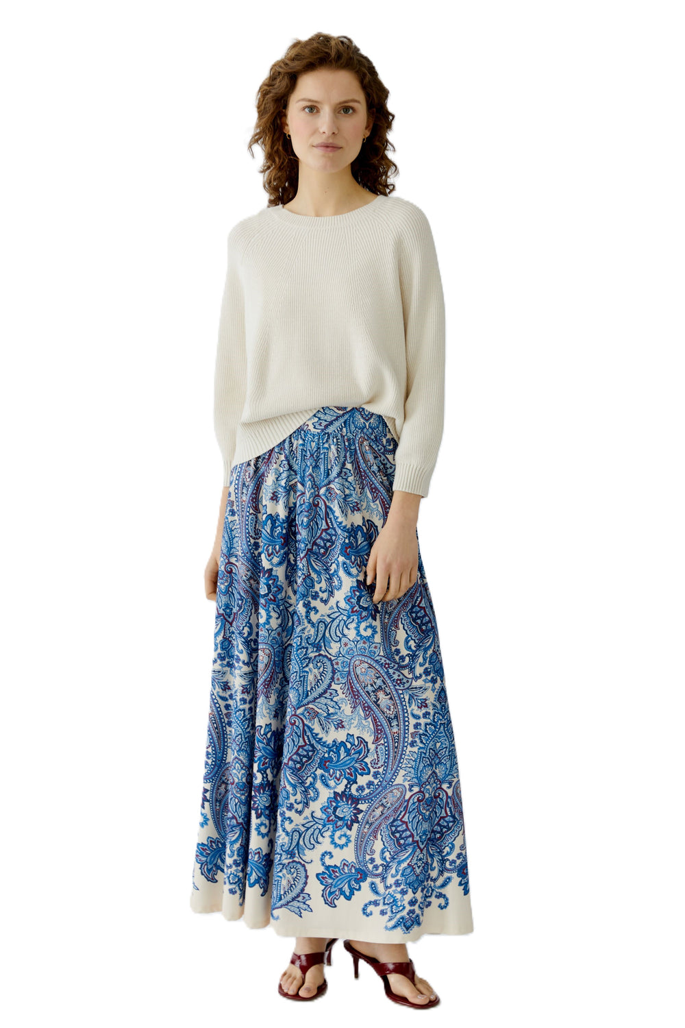 Rock-Oui-Lang-Florales Muster-Elastischer Bund-Blumen-Blau-weiß