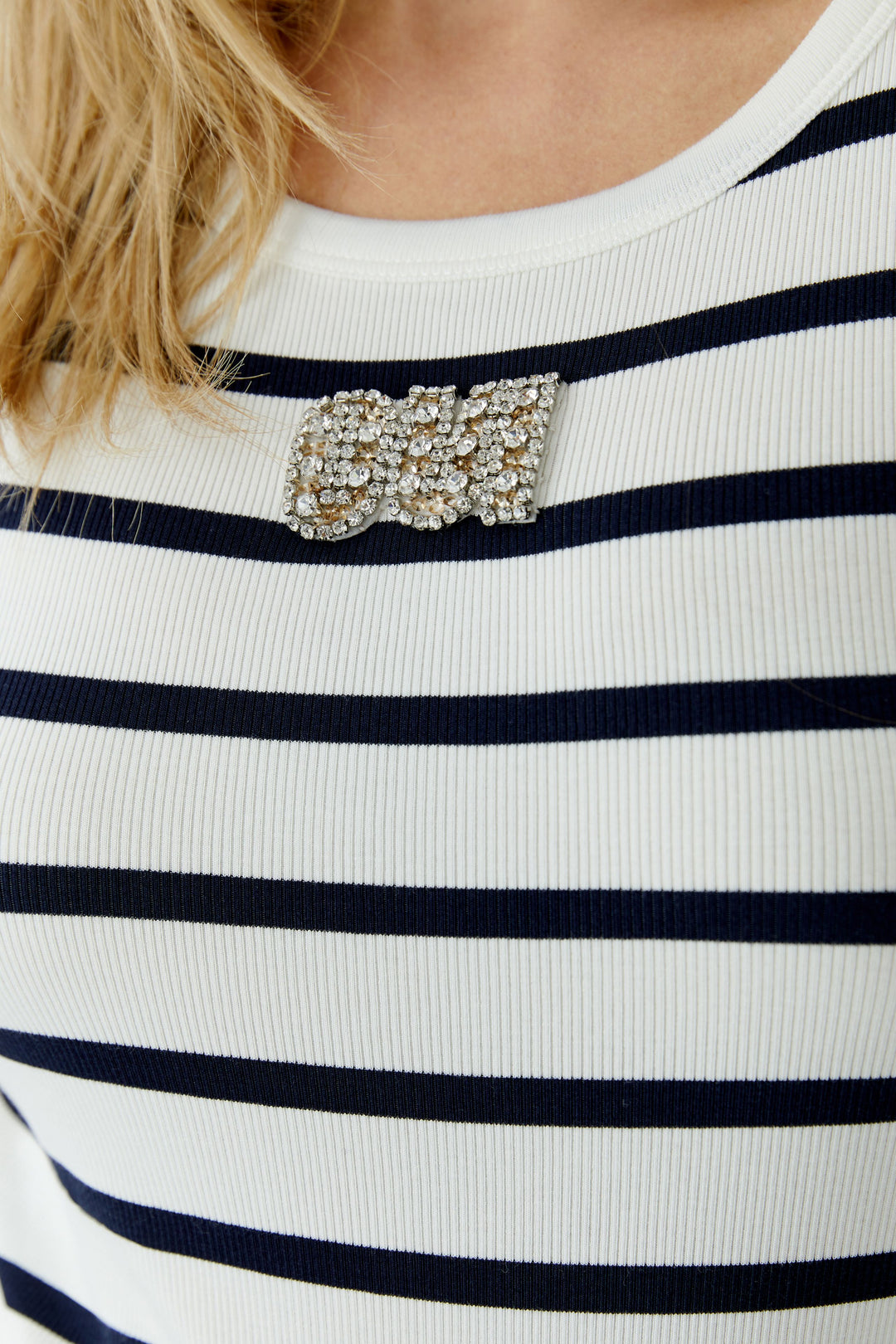 Top-Oui-gestreift-Ärmellos-blau-weiß-Strassstein-Logo