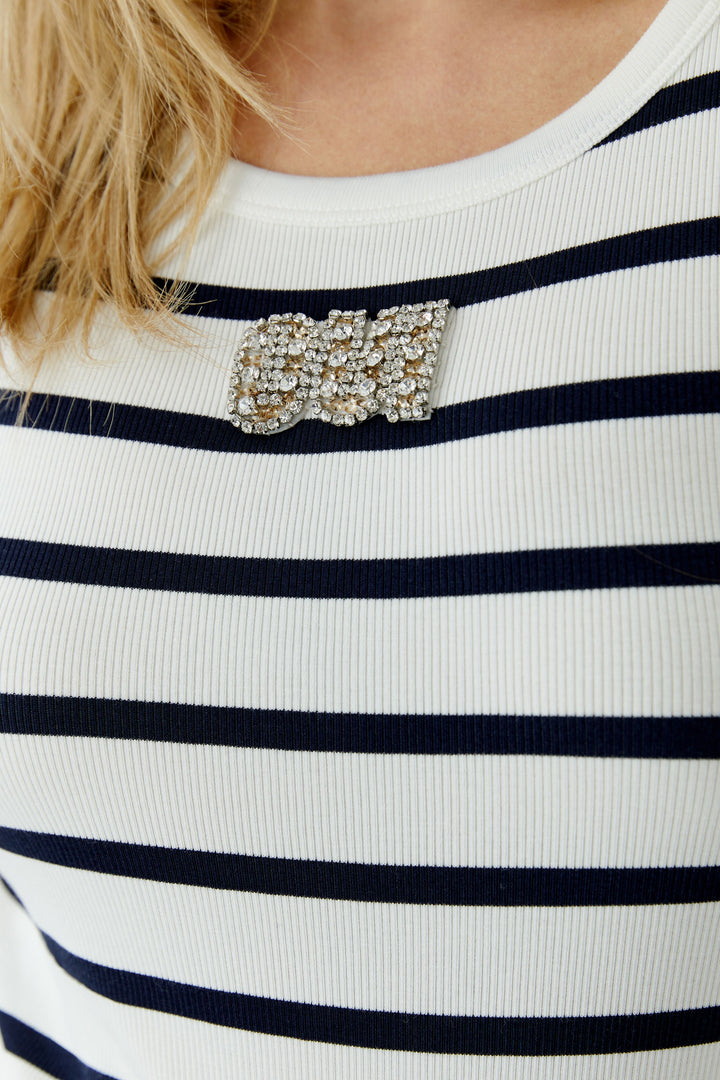 Top-Oui-gestreift-Ärmellos-blau-weiß-Strassstein-Logo