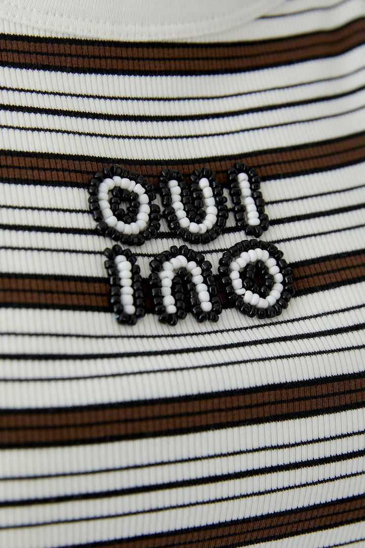 Top-Oui-gestreift-Ärmellos-braun-schwarz-weiß-Perlen-Logo