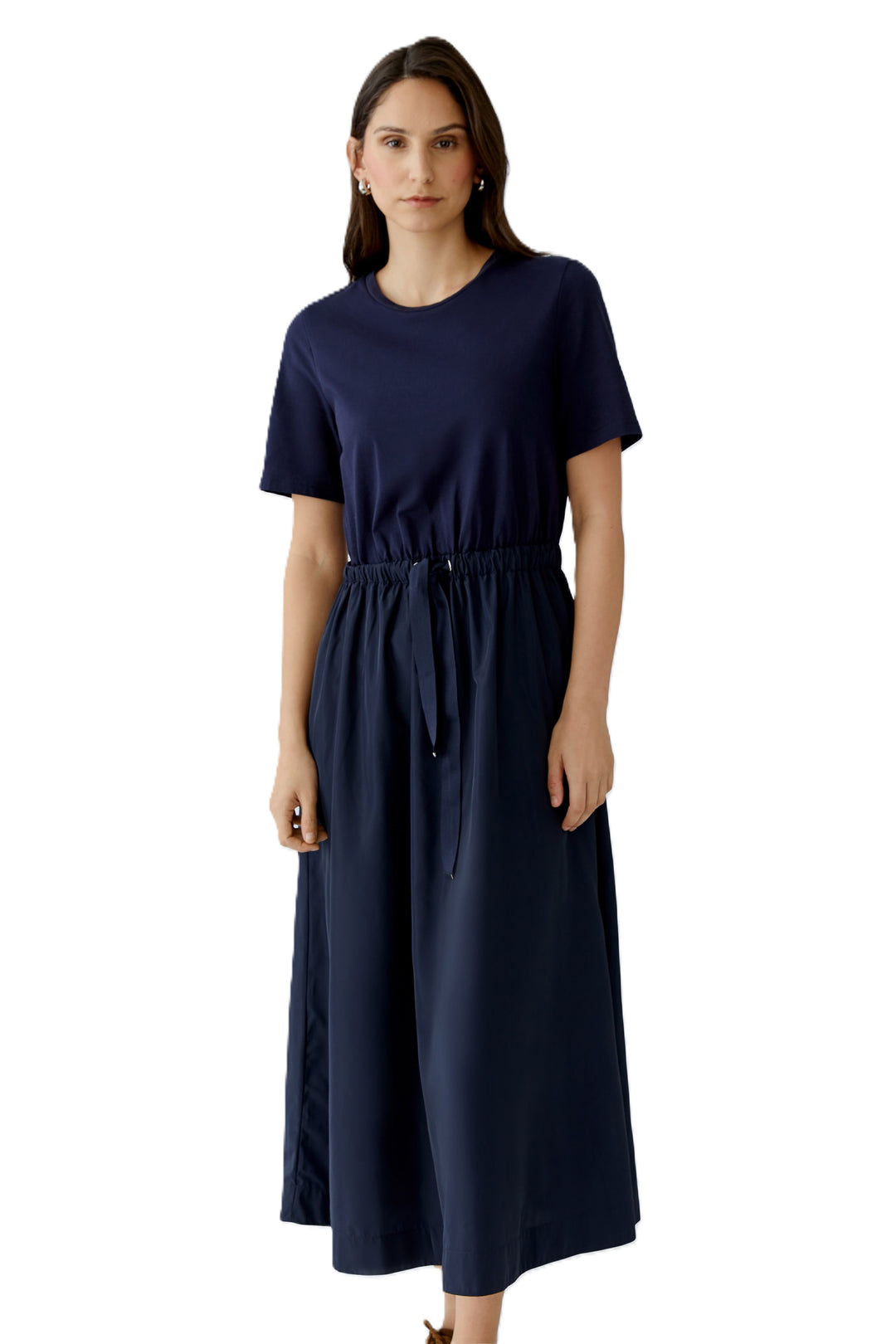 Kleid-Oui-Midi-kurzarm-Geraffte Taille mit Bindegürtel-dunkelblau-taschen
