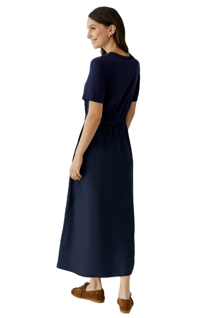 Kleid-Oui-Midi-kurzarm-Geraffte Taille mit Bindegürtel-dunkelblau-taschen