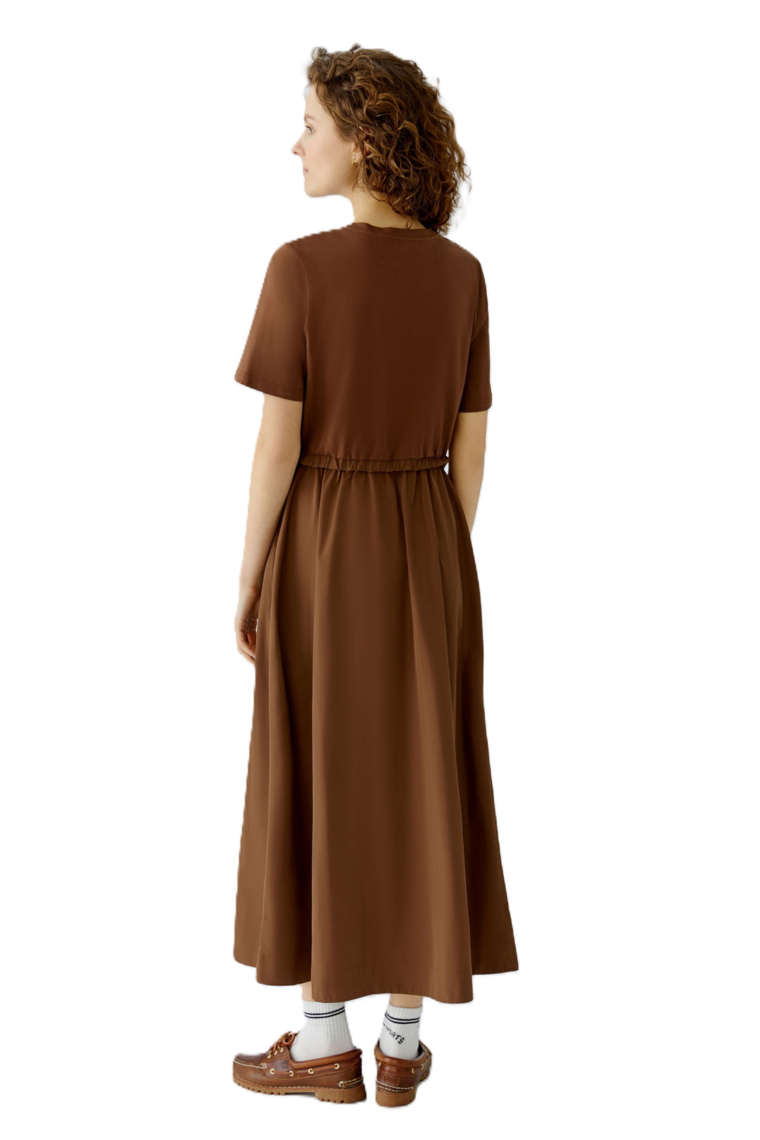 Kleid-Oui-Midi-kurzarm-Geraffte Taille mit Bindegürtel-braun-taschen