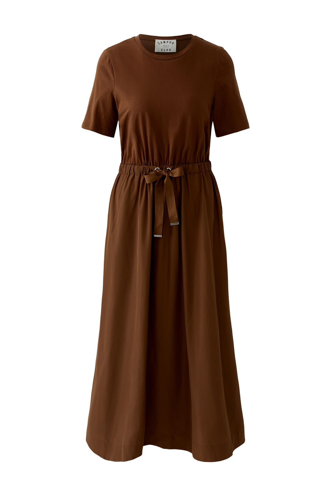 Kleid-Oui-Midi-kurzarm-Geraffte Taille mit Bindegürtel-braun-taschen